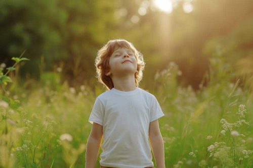 a young boy in a field of flowers with the sun shining on his face